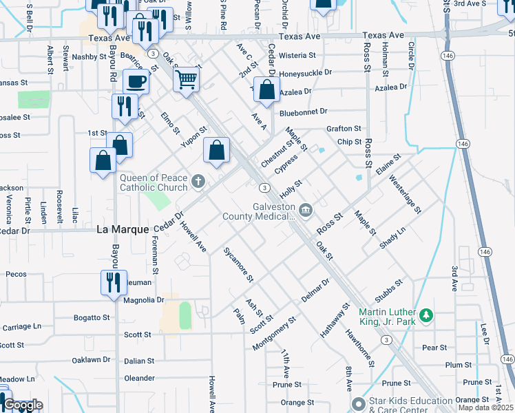 map of restaurants, bars, coffee shops, grocery stores, and more near 911 Azalea Courts in La Marque