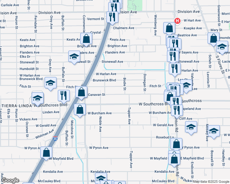 map of restaurants, bars, coffee shops, grocery stores, and more near 431 Canavan Avenue in San Antonio