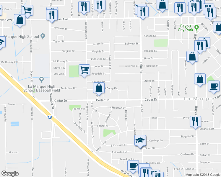 map of restaurants, bars, coffee shops, grocery stores, and more near 2801 North Camp Circle in La Marque