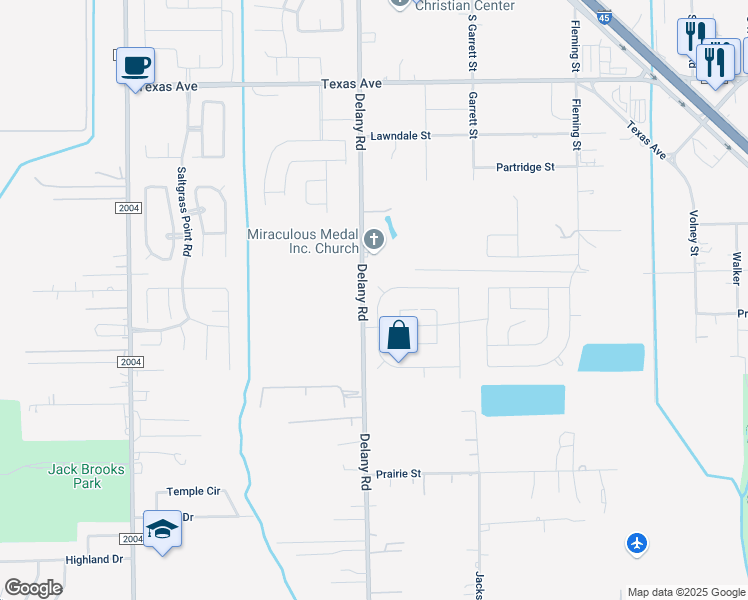 map of restaurants, bars, coffee shops, grocery stores, and more near 363 Delany Road in La Marque