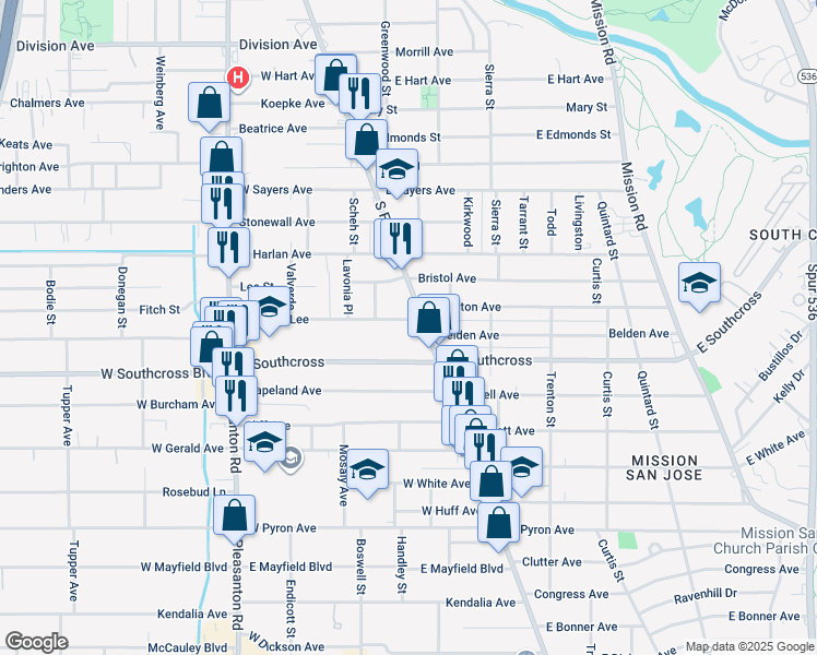 map of restaurants, bars, coffee shops, grocery stores, and more near 112 Robert E Lee in San Antonio