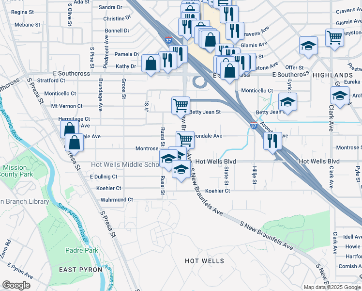 map of restaurants, bars, coffee shops, grocery stores, and more near 427 Montrose Avenue in San Antonio