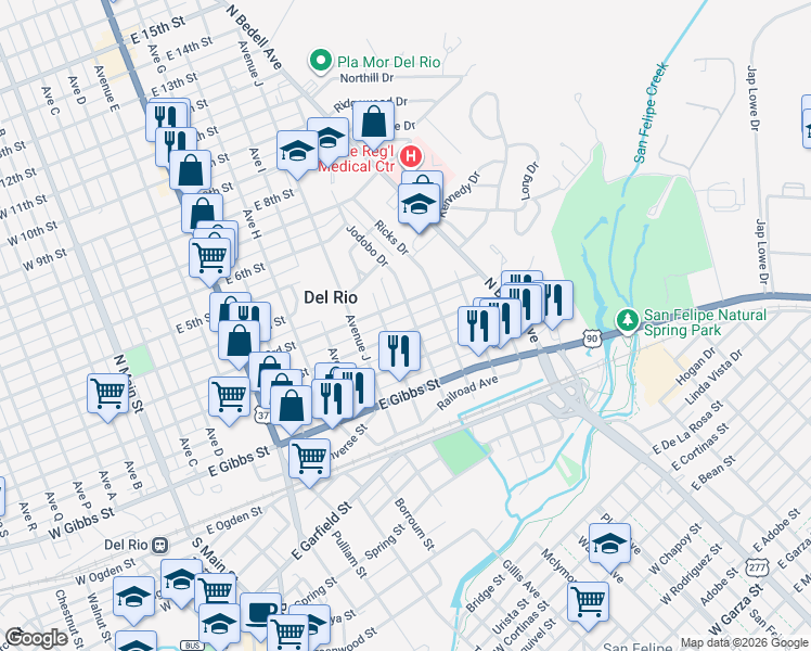 map of restaurants, bars, coffee shops, grocery stores, and more near 1006 East 2nd Street in Del Rio