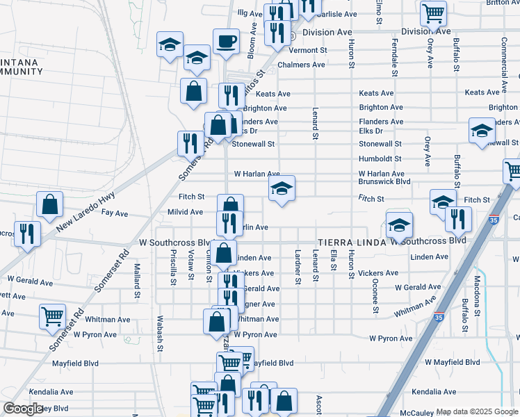 map of restaurants, bars, coffee shops, grocery stores, and more near 703 Milvid Avenue in San Antonio