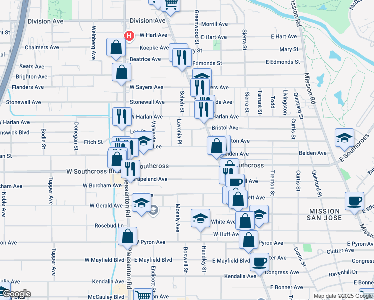 map of restaurants, bars, coffee shops, grocery stores, and more near 206 Robert E Lee in San Antonio