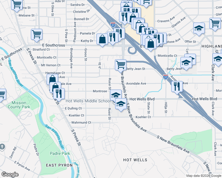 map of restaurants, bars, coffee shops, grocery stores, and more near 401 Montrose in San Antonio