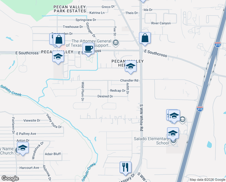 map of restaurants, bars, coffee shops, grocery stores, and more near 4302 Redcap Drive in San Antonio