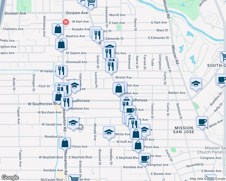map of restaurants, bars, coffee shops, grocery stores, and more near 112 Robert E Lee in San Antonio