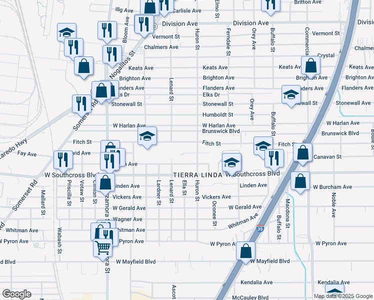 map of restaurants, bars, coffee shops, grocery stores, and more near 223 Milvid Avenue in San Antonio
