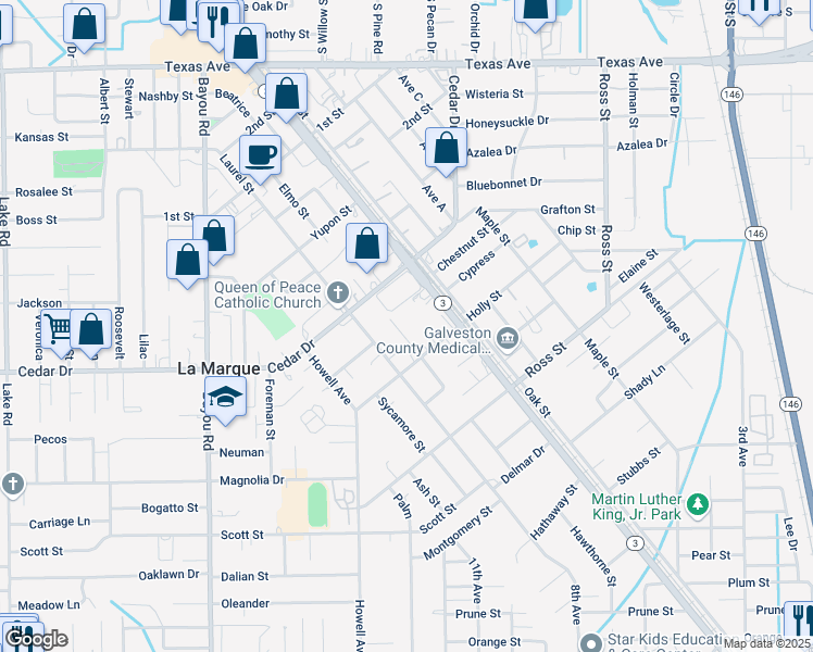map of restaurants, bars, coffee shops, grocery stores, and more near 911 Azalea Courts in La Marque