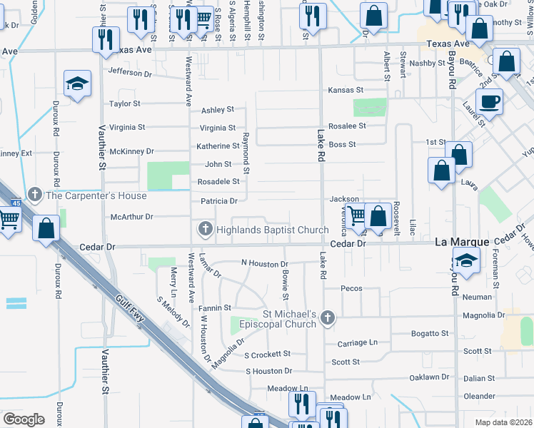 map of restaurants, bars, coffee shops, grocery stores, and more near 2632 North Camp Circle in La Marque