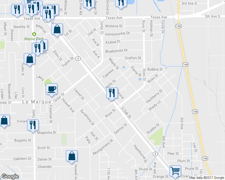map of restaurants, bars, coffee shops, grocery stores, and more near 1015 South Oak Street in La Marque