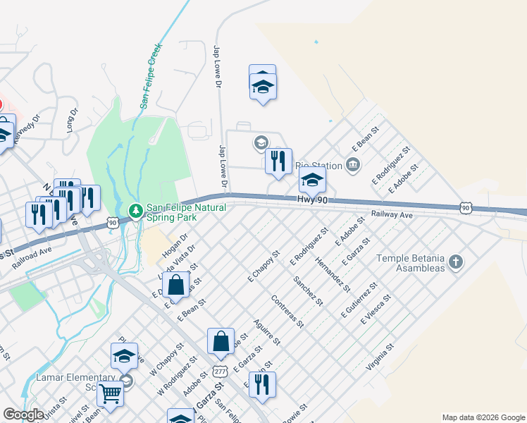map of restaurants, bars, coffee shops, grocery stores, and more near 515 East De La Rosa Street in Del Rio