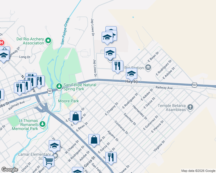 map of restaurants, bars, coffee shops, grocery stores, and more near 515 East De La Rosa Street in Del Rio