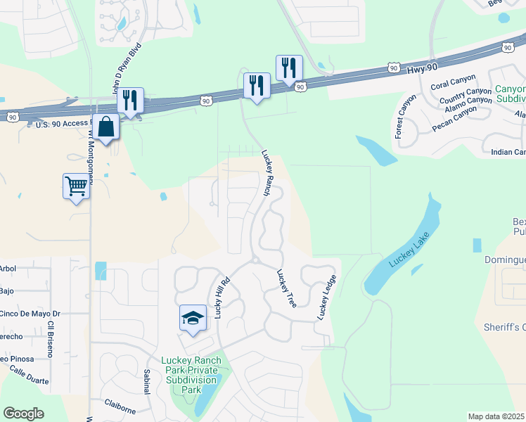 map of restaurants, bars, coffee shops, grocery stores, and more near 11854 Luckey Vista in San Antonio