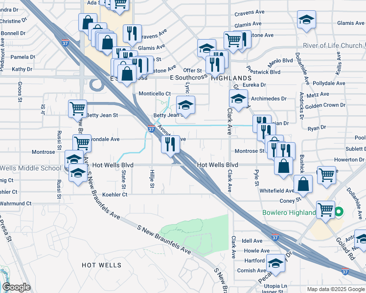 map of restaurants, bars, coffee shops, grocery stores, and more near 764 Avondale Avenue in San Antonio