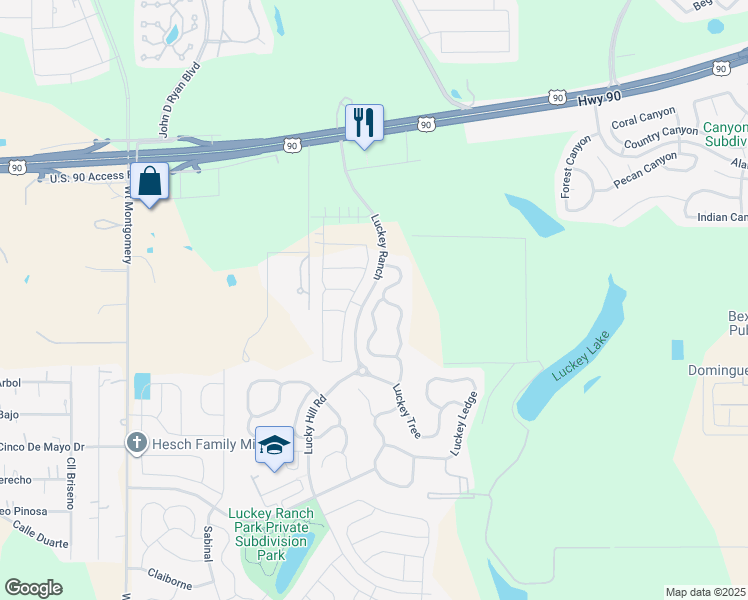 map of restaurants, bars, coffee shops, grocery stores, and more near 11854 Luckey Vista in San Antonio