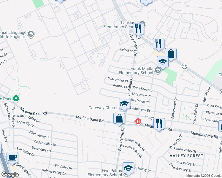 map of restaurants, bars, coffee shops, grocery stores, and more near 147 Shoreview Place in San Antonio