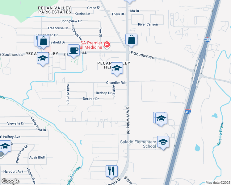 map of restaurants, bars, coffee shops, grocery stores, and more near 5606 Arlitt Drive in San Antonio