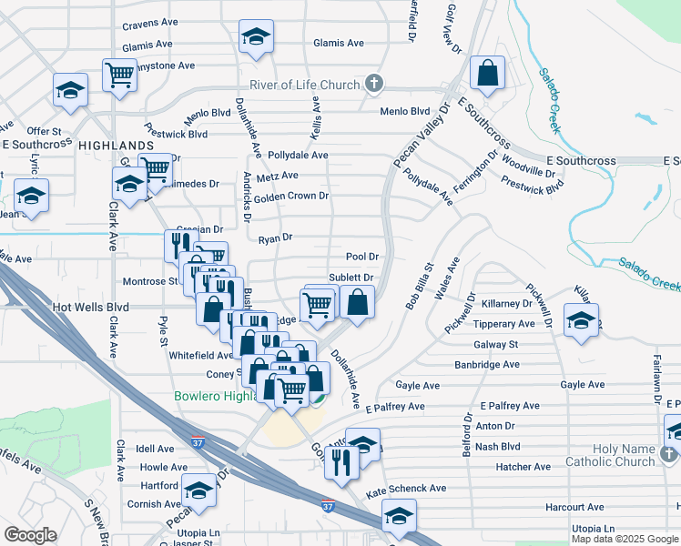 map of restaurants, bars, coffee shops, grocery stores, and more near 311 Sublett Drive in San Antonio
