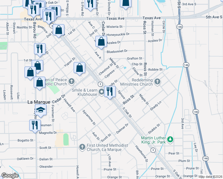 map of restaurants, bars, coffee shops, grocery stores, and more near 1015 South Oak Street in La Marque