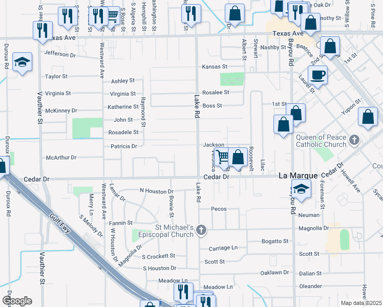 map of restaurants, bars, coffee shops, grocery stores, and more near 1008 Lake Rd in La Marque