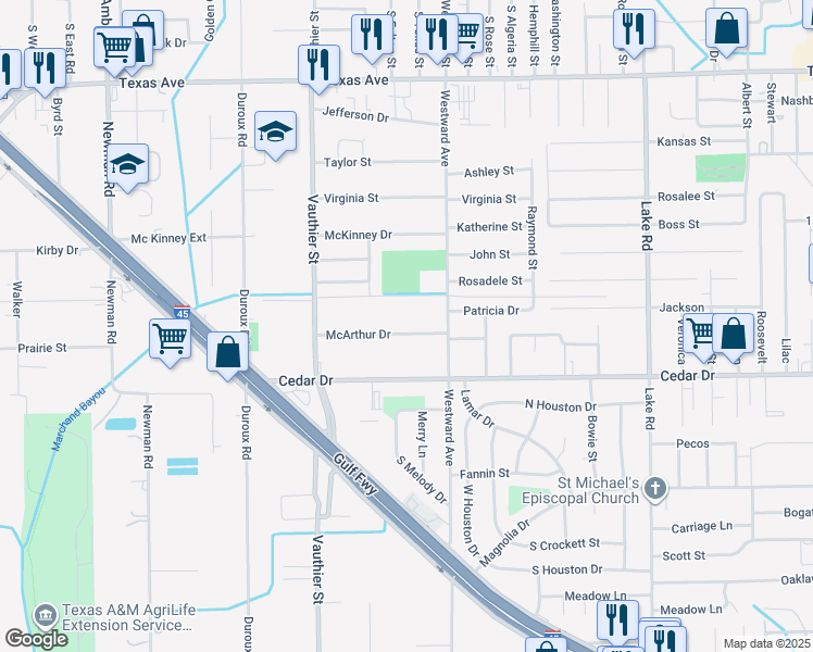 map of restaurants, bars, coffee shops, grocery stores, and more near 3030 McArthur Drive in La Marque