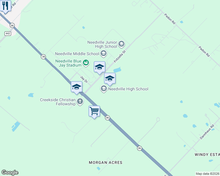 map of restaurants, bars, coffee shops, grocery stores, and more near 16555 Texas 36 in Needville