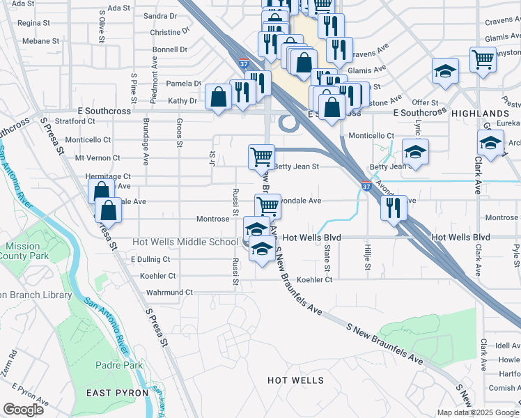 map of restaurants, bars, coffee shops, grocery stores, and more near 427 Montrose in San Antonio