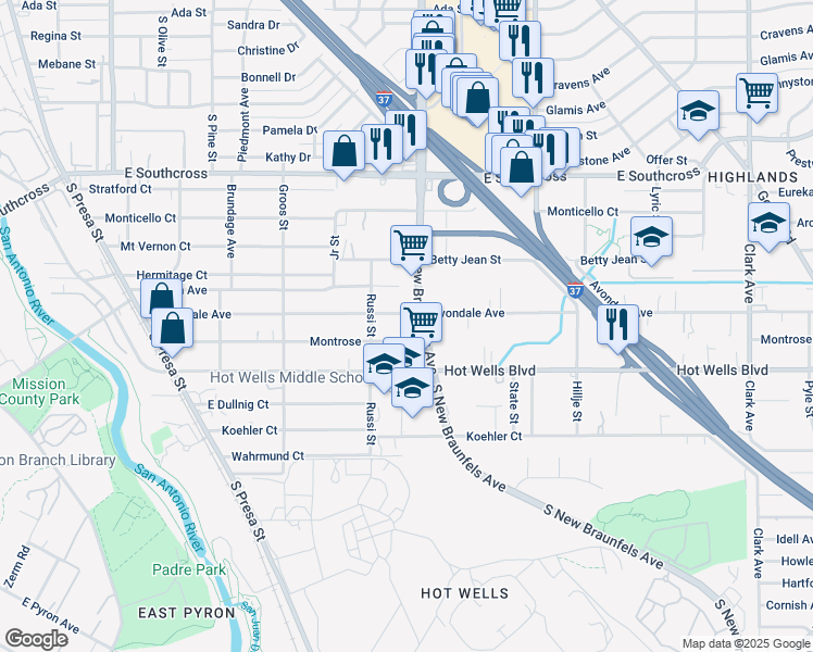 map of restaurants, bars, coffee shops, grocery stores, and more near 427 Montrose Avenue in San Antonio