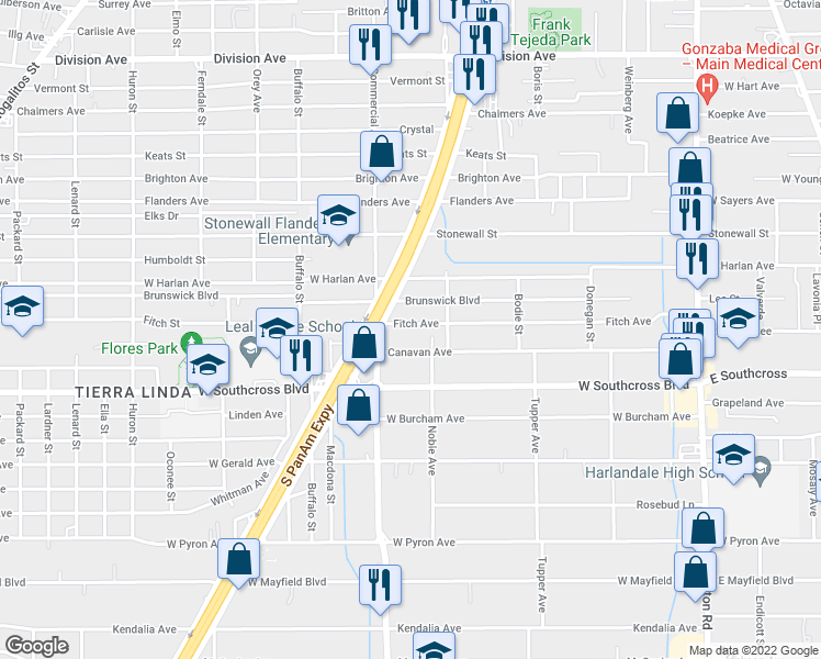 map of restaurants, bars, coffee shops, grocery stores, and more near 834 Fitch Street in San Antonio