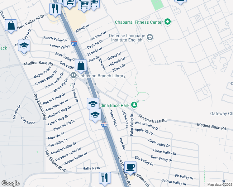 map of restaurants, bars, coffee shops, grocery stores, and more near 6415 Heathers Run in San Antonio