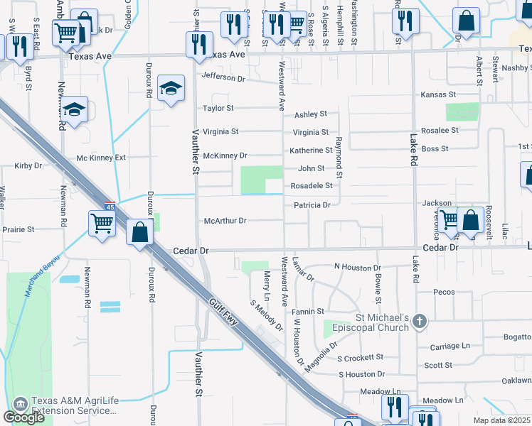 map of restaurants, bars, coffee shops, grocery stores, and more near 3030 McArthur Drive in La Marque