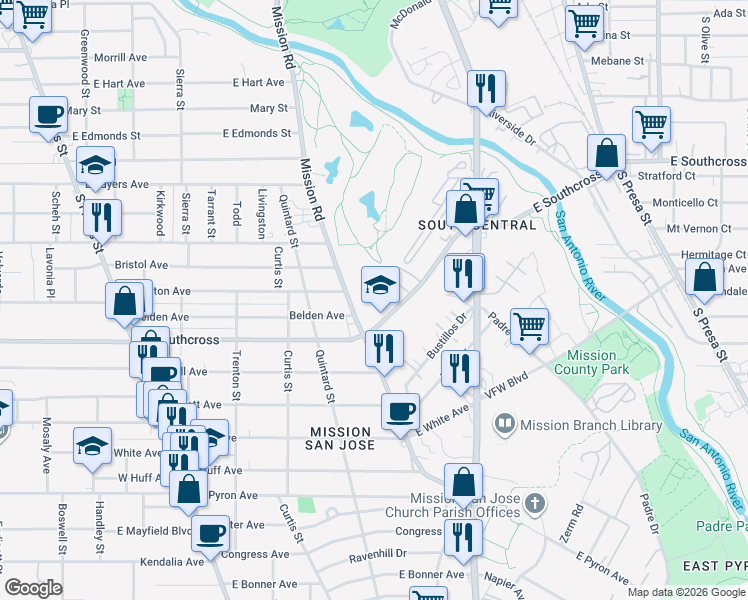 map of restaurants, bars, coffee shops, grocery stores, and more near 931 E Southcross Blvd in San Antonio