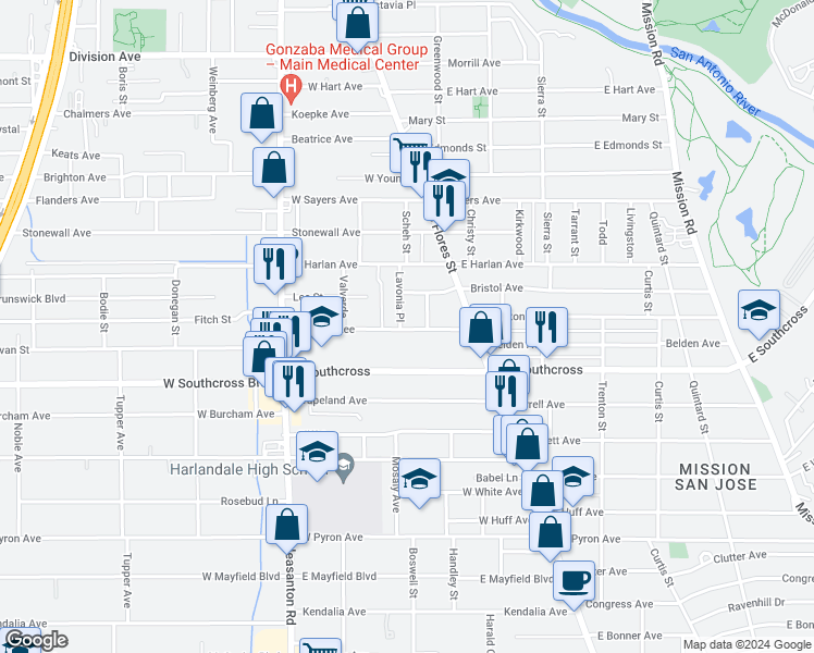 map of restaurants, bars, coffee shops, grocery stores, and more near 206 Robert E Lee in San Antonio