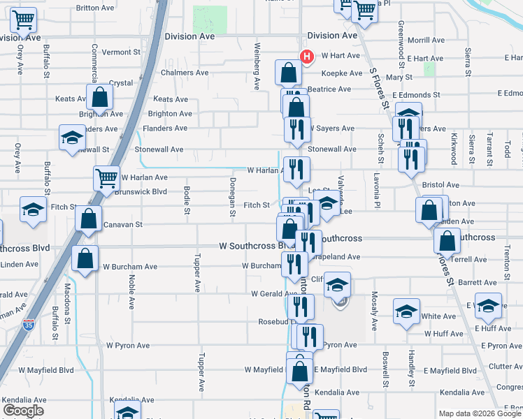 map of restaurants, bars, coffee shops, grocery stores, and more near 211 Canavan Avenue in San Antonio