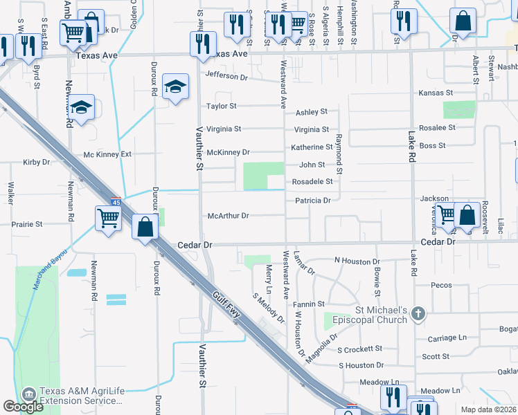 map of restaurants, bars, coffee shops, grocery stores, and more near 3030 McArthur Drive in La Marque
