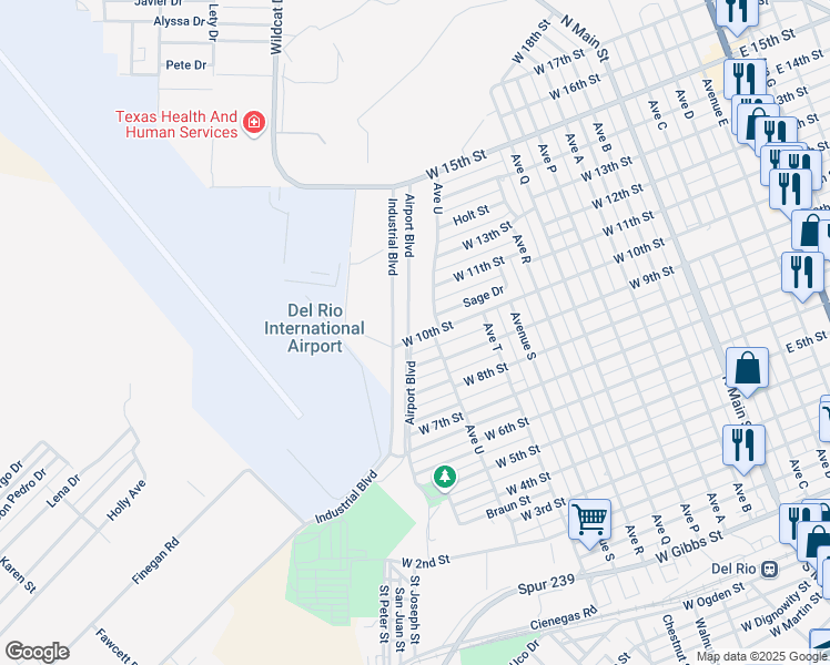 map of restaurants, bars, coffee shops, grocery stores, and more near 983-1099 West 10th Street in Del Rio