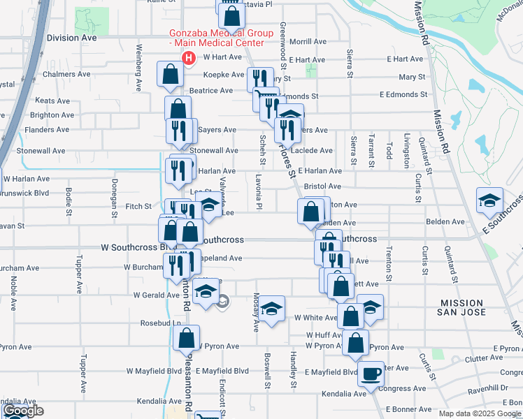 map of restaurants, bars, coffee shops, grocery stores, and more near 211 Robert E Lee in San Antonio