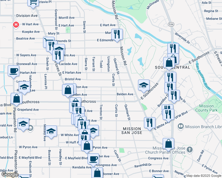 map of restaurants, bars, coffee shops, grocery stores, and more near 333 Belden Avenue in San Antonio