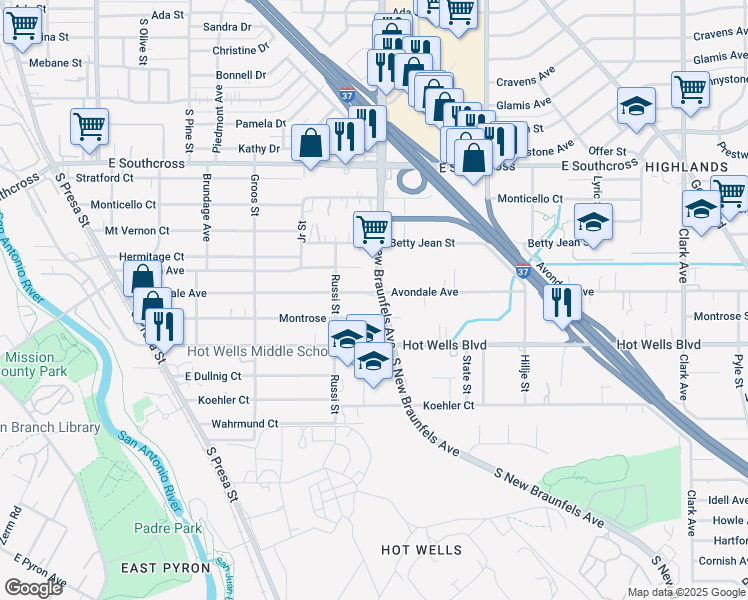 map of restaurants, bars, coffee shops, grocery stores, and more near 427 Montrose in San Antonio