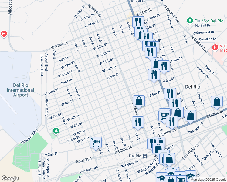 map of restaurants, bars, coffee shops, grocery stores, and more near 202 West 7th Street in Del Rio