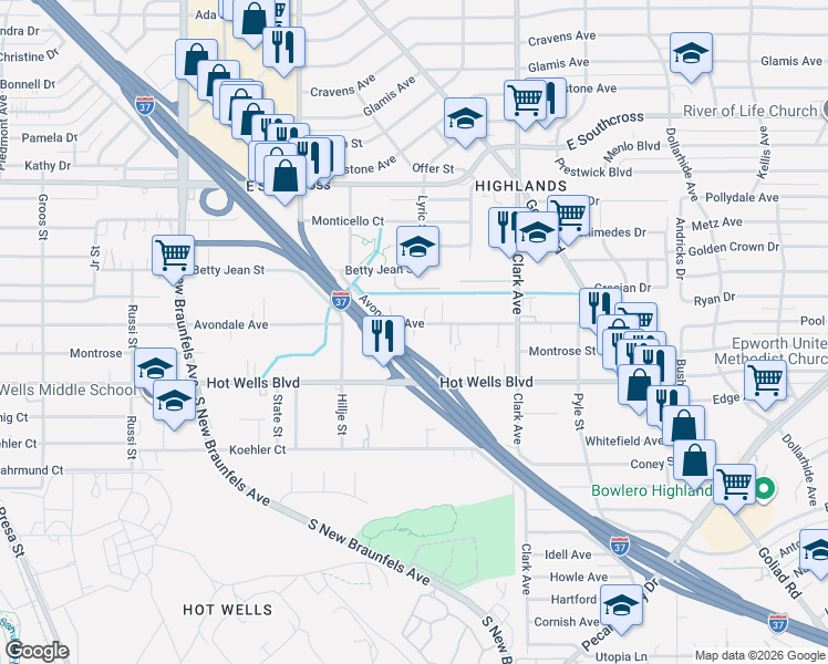 map of restaurants, bars, coffee shops, grocery stores, and more near 764 Avondale Avenue in San Antonio
