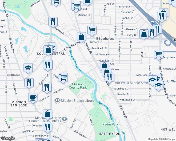 map of restaurants, bars, coffee shops, grocery stores, and more near 927 VFW Boulevard in San Antonio
