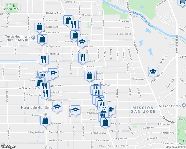 map of restaurants, bars, coffee shops, grocery stores, and more near 115 Belden Avenue in San Antonio