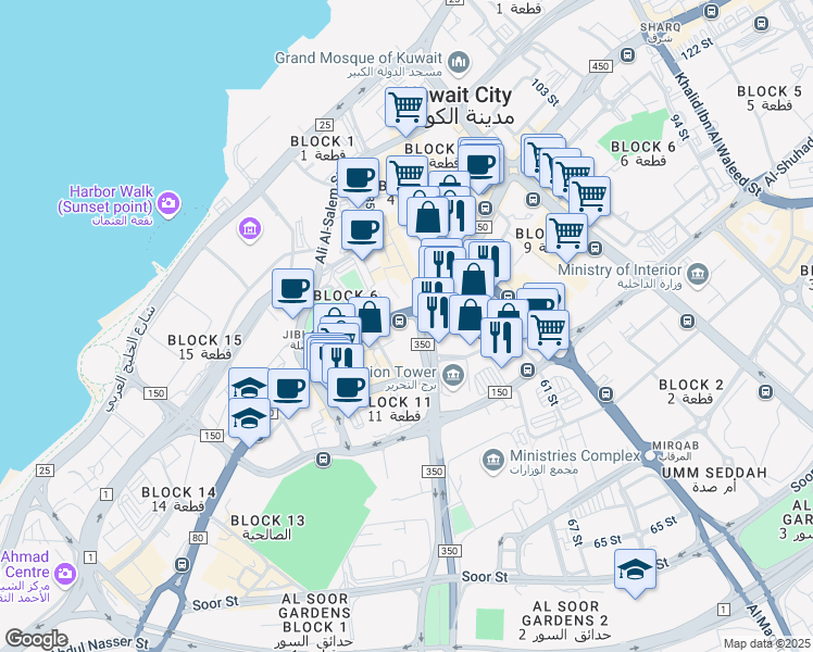 map of restaurants, bars, coffee shops, grocery stores, and more near Fahad Al-Salem Street in Kuwait City