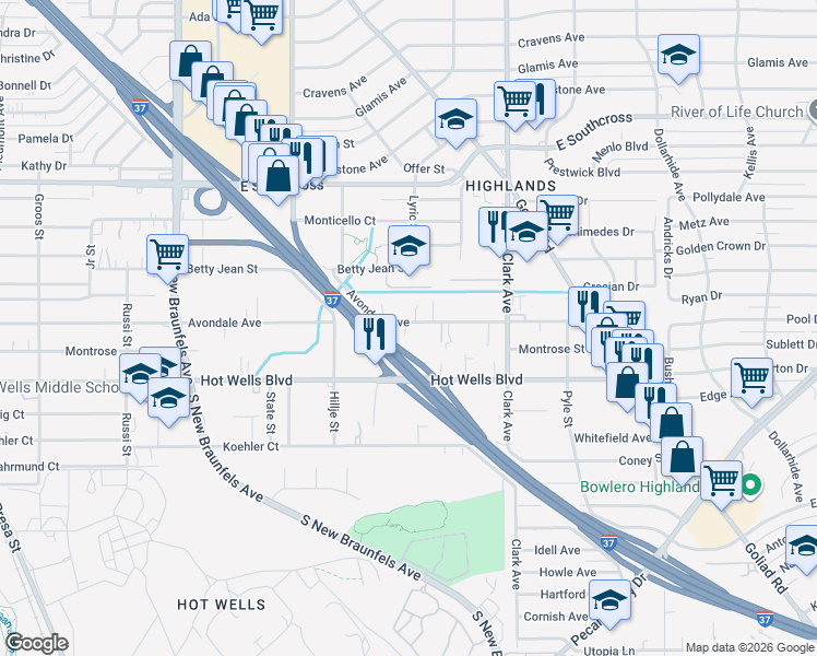 map of restaurants, bars, coffee shops, grocery stores, and more near 768 Avondale Avenue in San Antonio