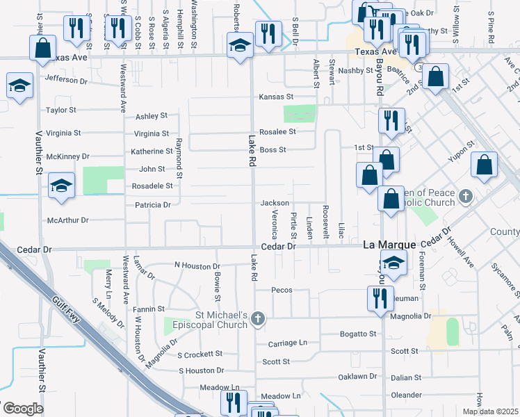 map of restaurants, bars, coffee shops, grocery stores, and more near 1008 Lake Road in La Marque