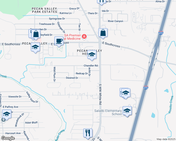 map of restaurants, bars, coffee shops, grocery stores, and more near 5606 Arlitt Drive in San Antonio