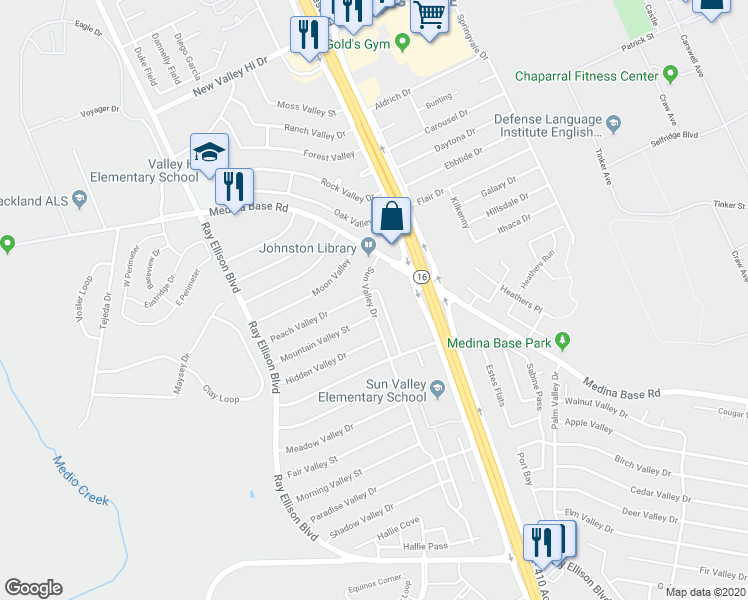 map of restaurants, bars, coffee shops, grocery stores, and more near 6402 Sun Valley Drive in San Antonio